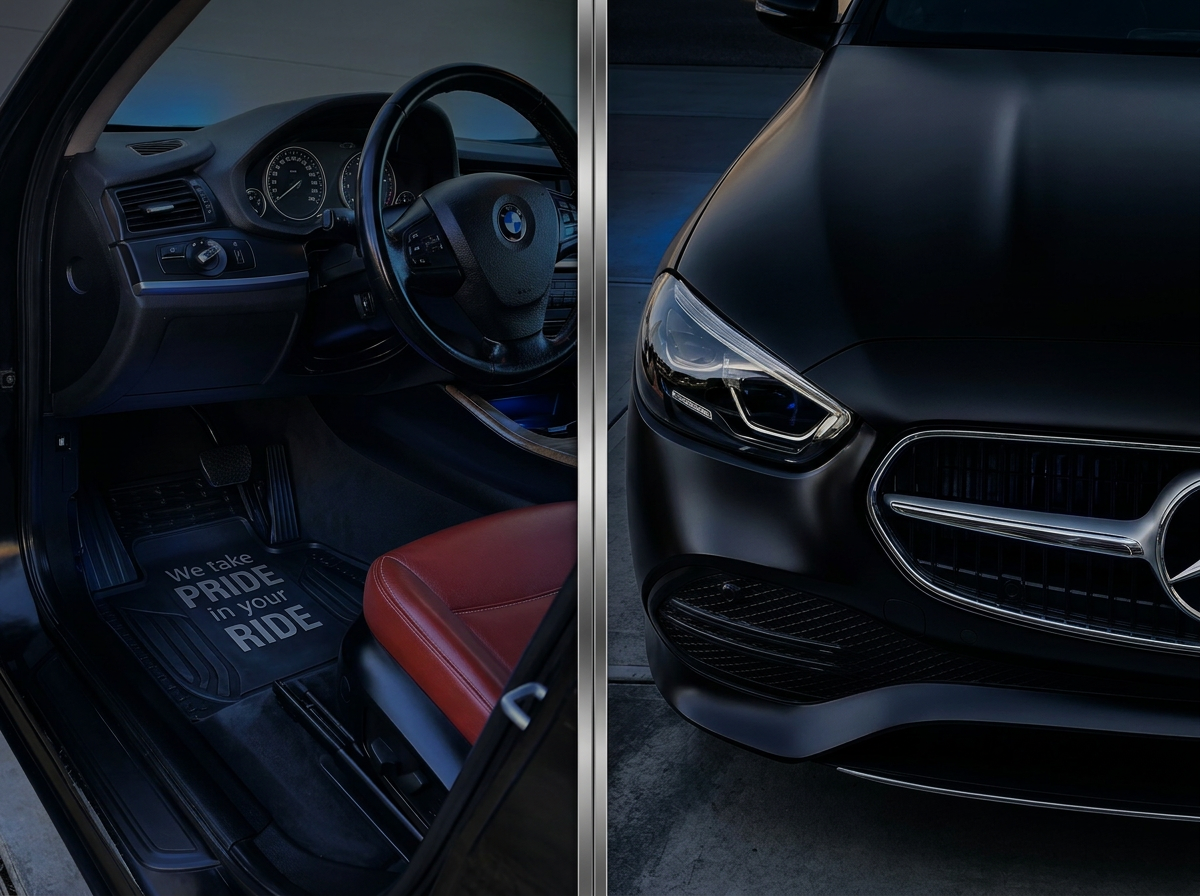 Split view of a detailed BMW interior with red leather seat and a glossy black Mercedes front exterior